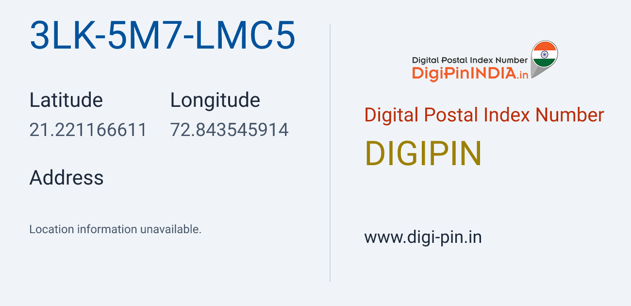 DigiPin 3LK-5M7-LMC5 location map showing coordinates 21.221167, 72.843546