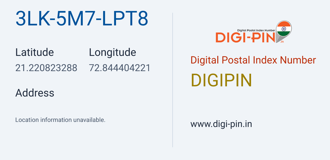 DigiPin 3LK-5M7-LPT8 location map showing coordinates 21.220823, 72.844404