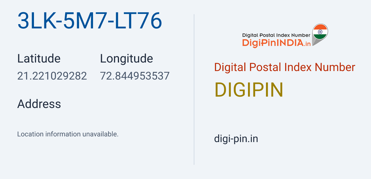 DigiPin 3LK-5M7-LT76 location map showing coordinates 21.221029, 72.844954