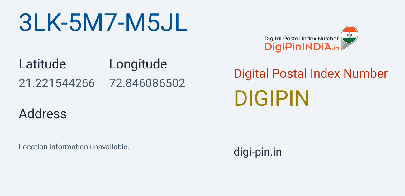 DigiPin 3LK-5M7-M5JL location map showing coordinates 21.221544, 72.846087