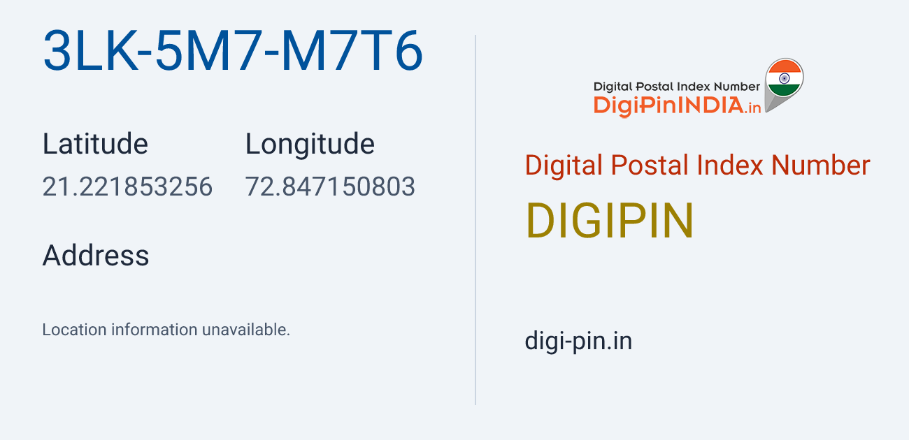 DigiPin 3LK-5M7-M7T6 location map showing coordinates 21.221853, 72.847151