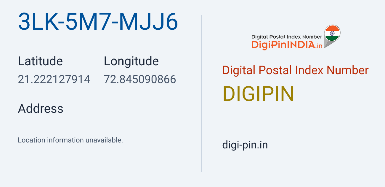 DigiPin 3LK-5M7-MJJ6 location map showing coordinates 21.222128, 72.845091