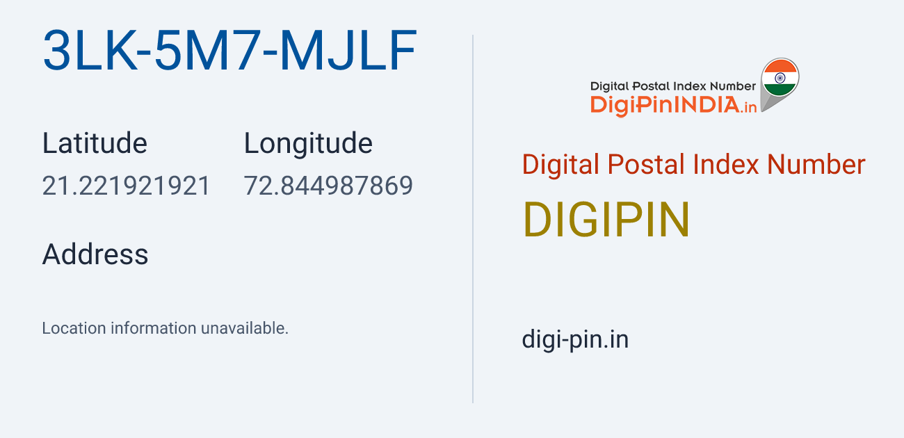 DigiPin 3LK-5M7-MJLF location map showing coordinates 21.221922, 72.844988