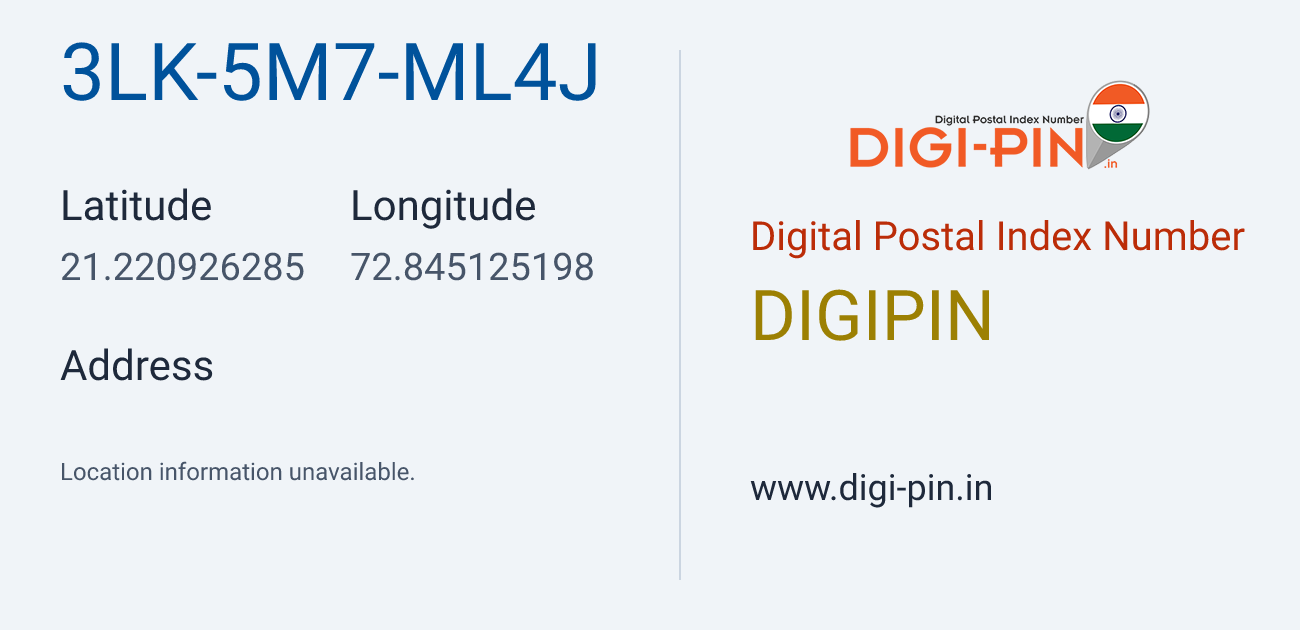DigiPin 3LK-5M7-ML4J location map showing coordinates 21.220926, 72.845125
