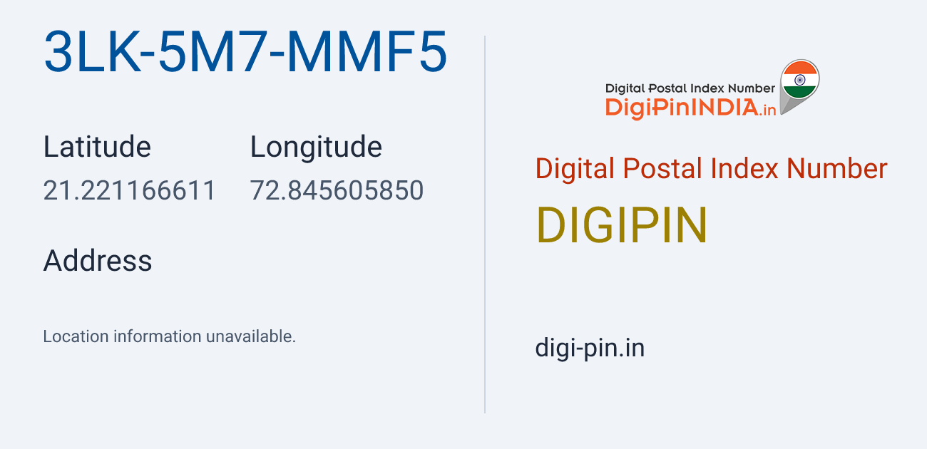 DigiPin 3LK-5M7-MMF5 location map showing coordinates 21.221167, 72.845606