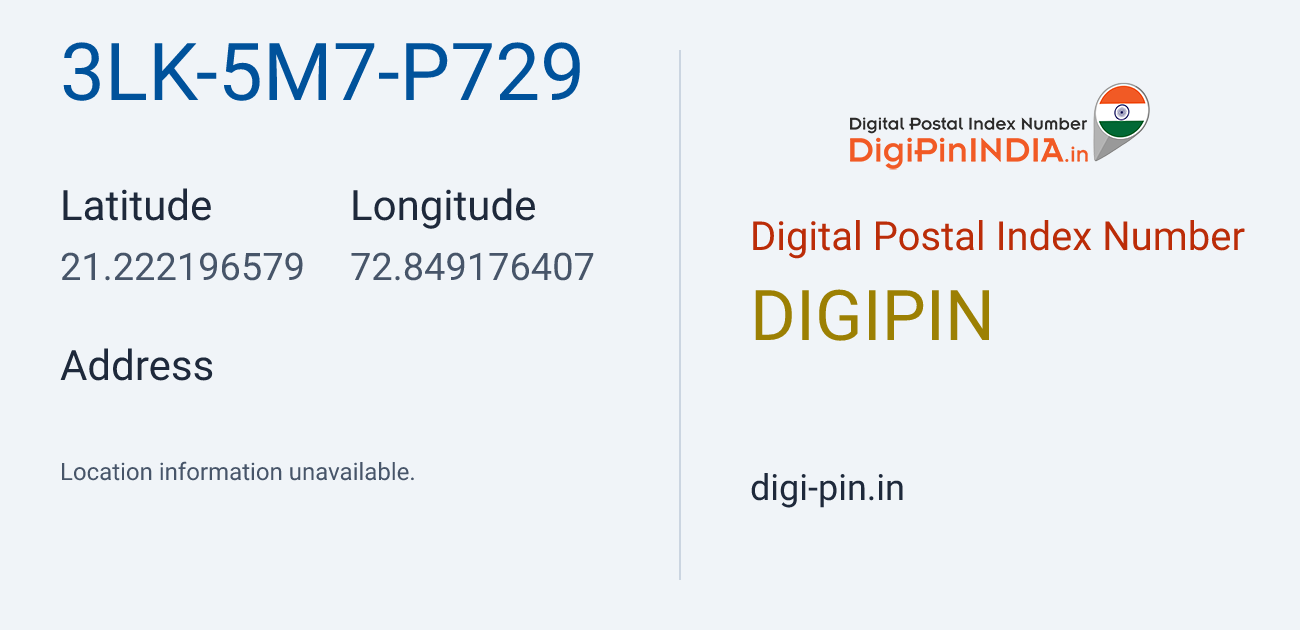 DigiPin 3LK-5M7-P729 location map showing coordinates 21.222197, 72.849176
