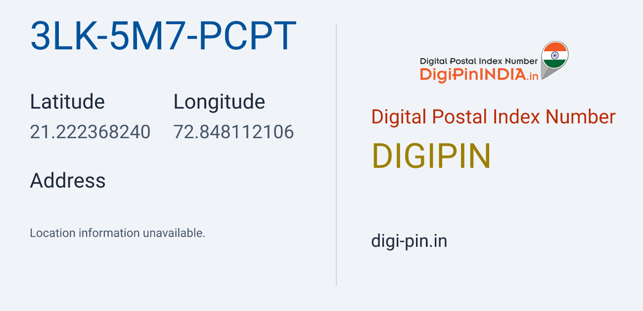 DigiPin 3LK-5M7-PCPT location map showing coordinates 21.222368, 72.848112
