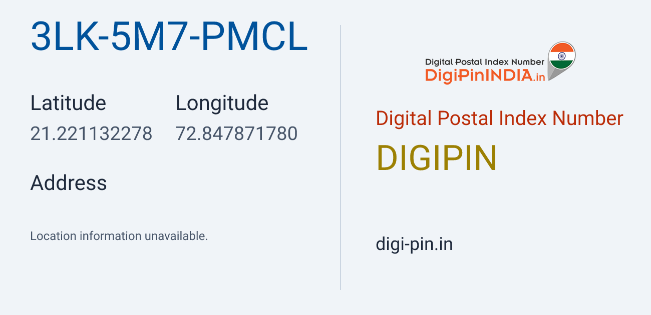 DigiPin 3LK-5M7-PMCL location map showing coordinates 21.221132, 72.847872