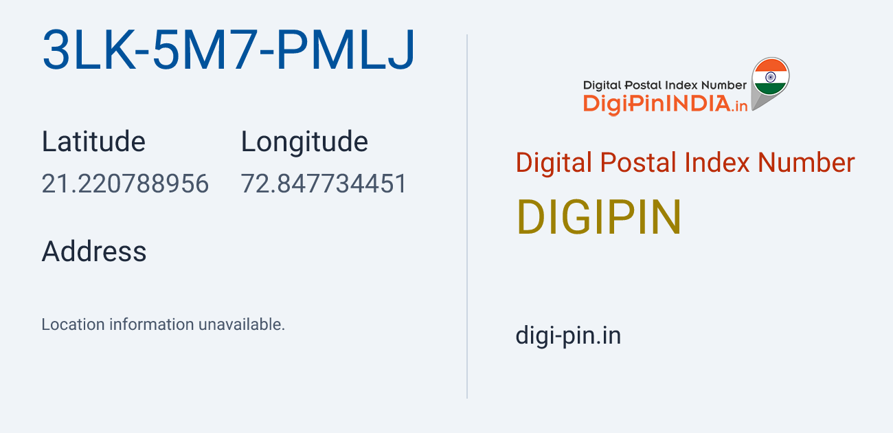 DigiPin 3LK-5M7-PMLJ location map showing coordinates 21.220789, 72.847734