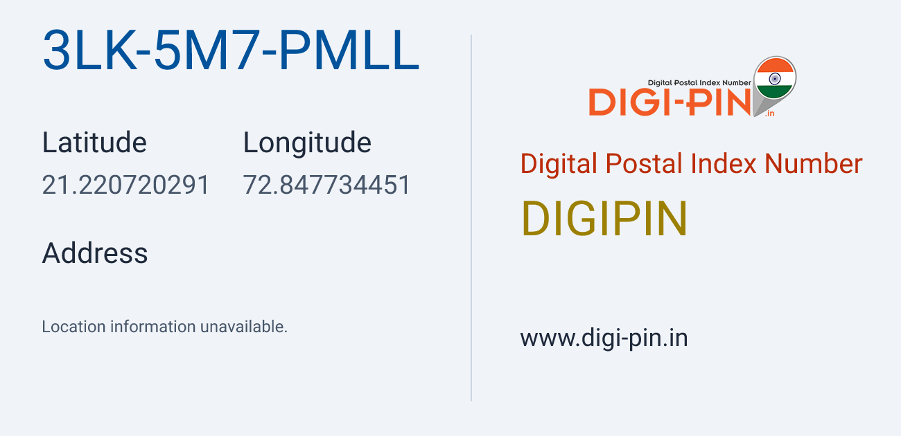DigiPin 3LK-5M7-PMLL location map showing coordinates 21.220720, 72.847734