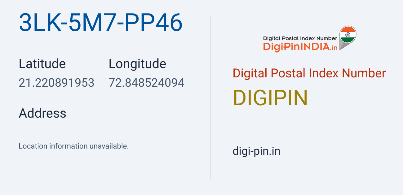 DigiPin 3LK-5M7-PP46 location map showing coordinates 21.220892, 72.848524