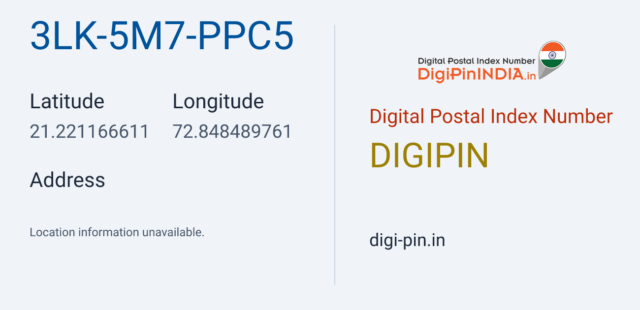 DigiPin 3LK-5M7-PPC5 location map showing coordinates 21.221167, 72.848490