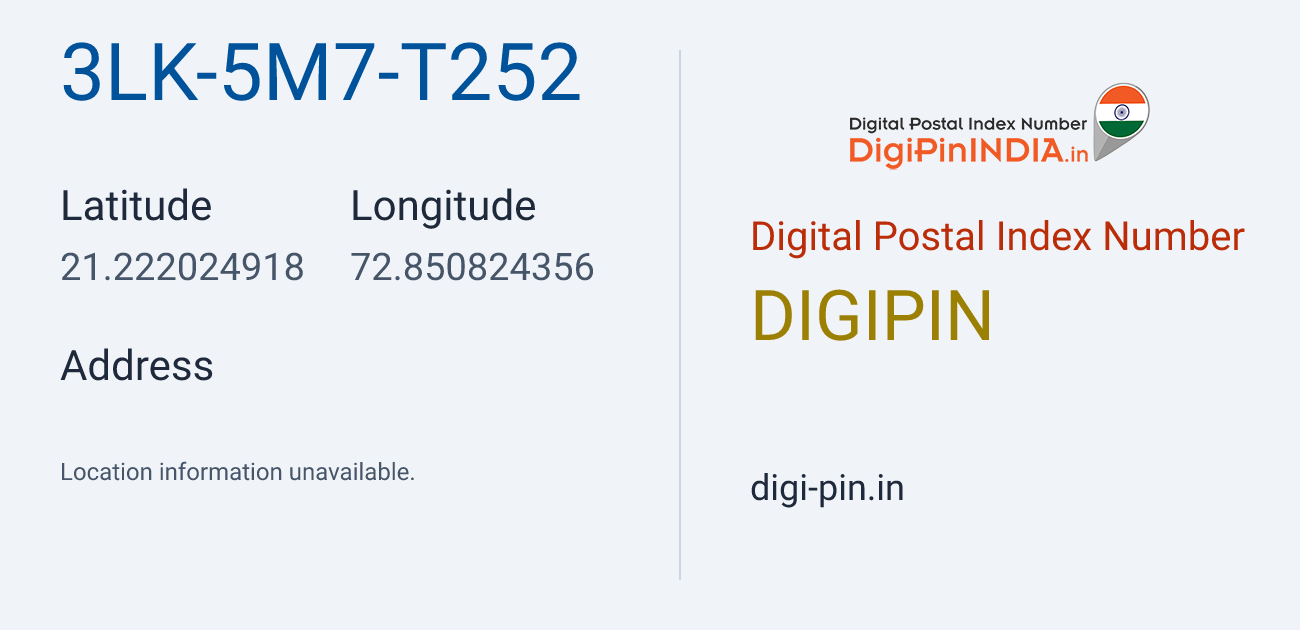 DigiPin 3LK-5M7-T252 location map showing coordinates 21.222025, 72.850824