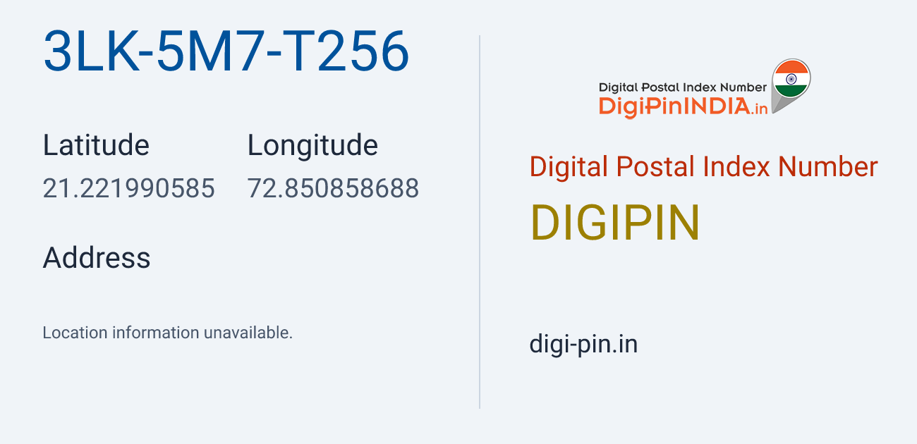 DigiPin 3LK-5M7-T256 location map showing coordinates 21.221991, 72.850859