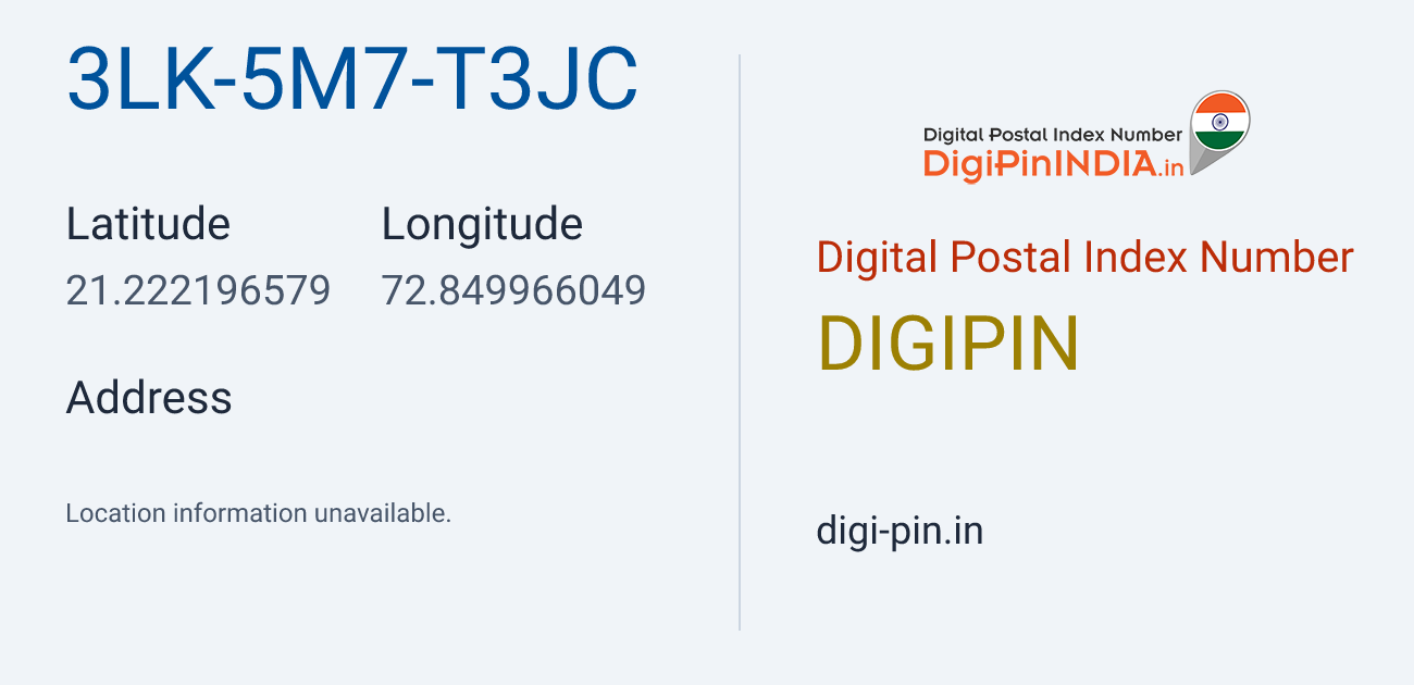 DigiPin 3LK-5M7-T3JC location map showing coordinates 21.222197, 72.849966
