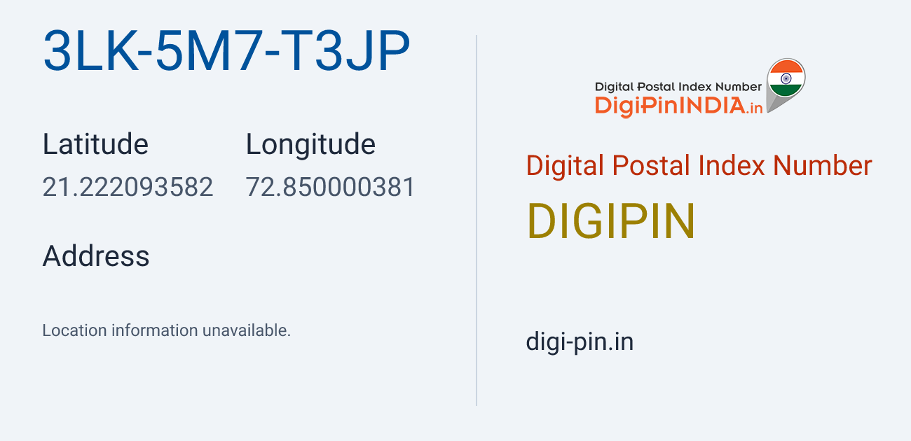DigiPin 3LK-5M7-T3JP location map showing coordinates 21.222094, 72.850000