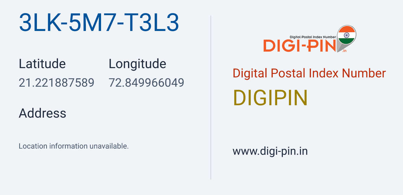 DigiPin 3LK-5M7-T3L3 location map showing coordinates 21.221888, 72.849966