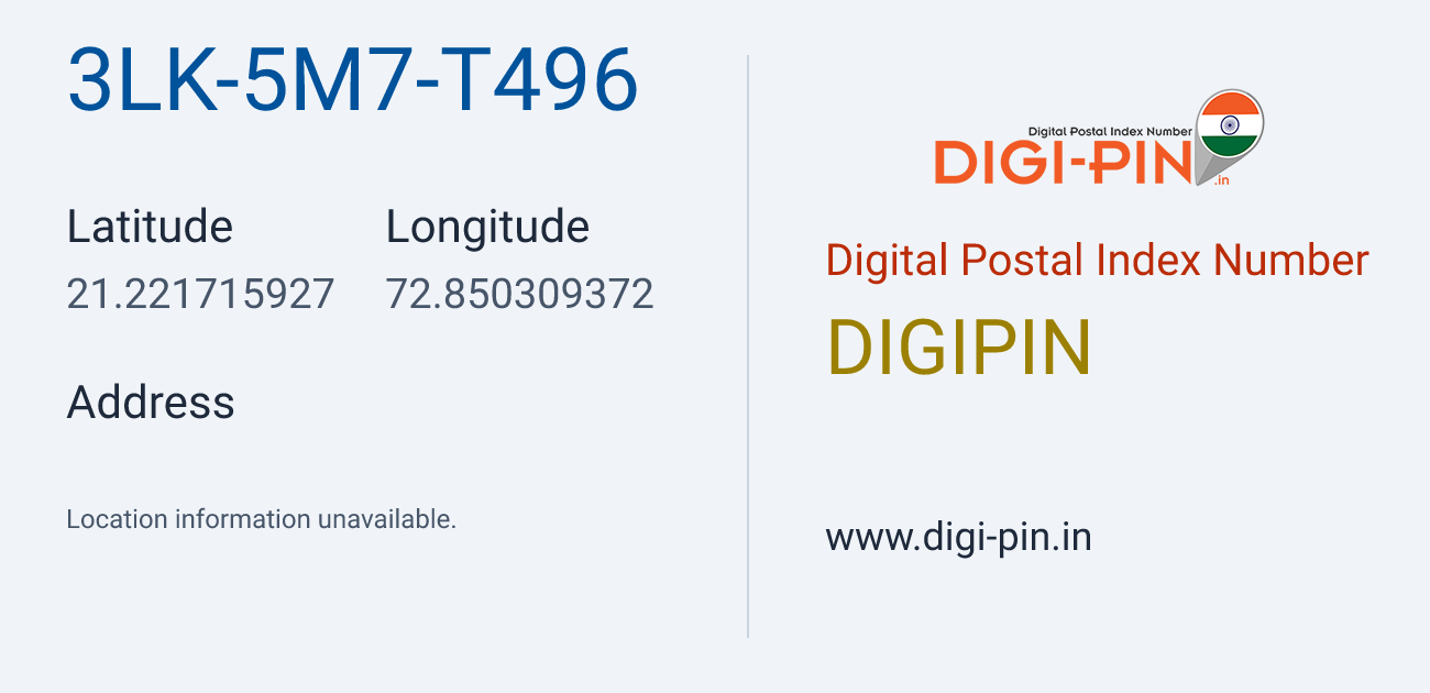 DigiPin 3LK-5M7-T496 location map showing coordinates 21.221716, 72.850309