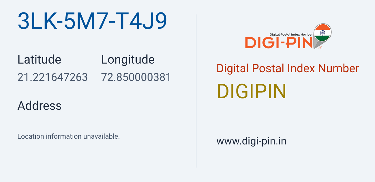 DigiPin 3LK-5M7-T4J9 location map showing coordinates 21.221647, 72.850000