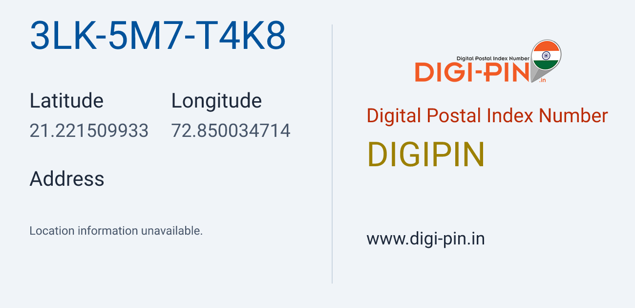 DigiPin 3LK-5M7-T4K8 location map showing coordinates 21.221510, 72.850035