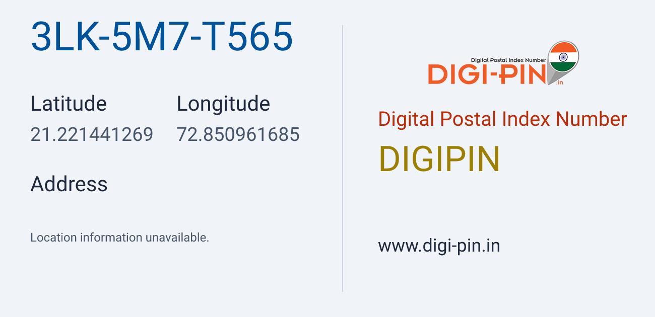 DigiPin 3LK-5M7-T565 location map showing coordinates 21.221441, 72.850962