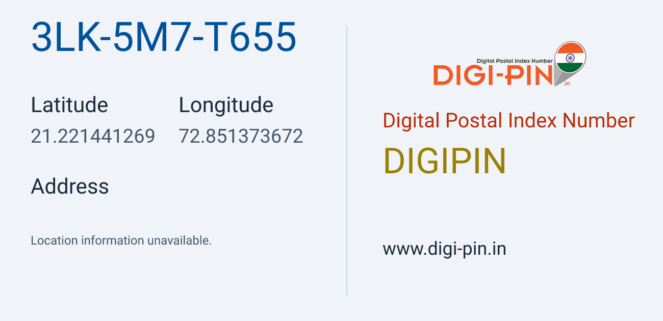 DigiPin 3LK-5M7-T655 location map showing coordinates 21.221441, 72.851374