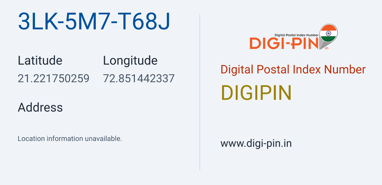 DigiPin 3LK-5M7-T68J location map showing coordinates 21.221750, 72.851442