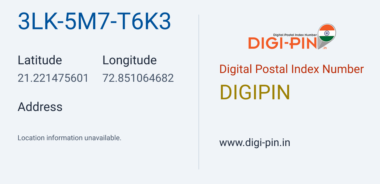DigiPin 3LK-5M7-T6K3 location map showing coordinates 21.221476, 72.851065