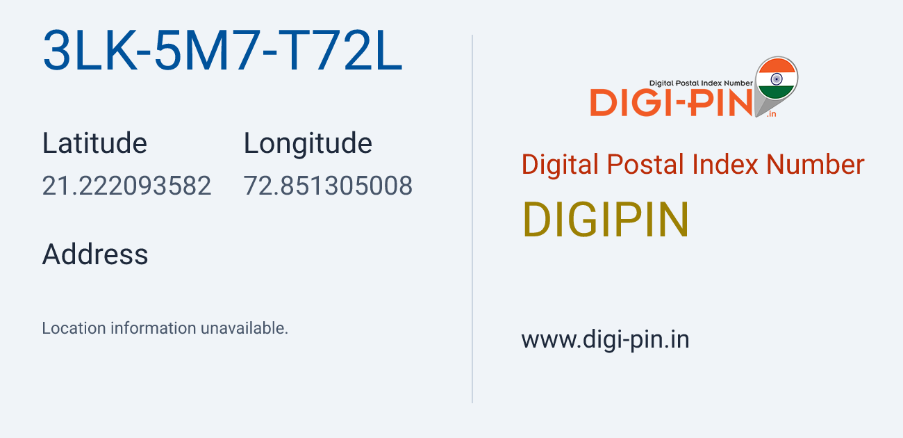 DigiPin 3LK-5M7-T72L location map showing coordinates 21.222094, 72.851305