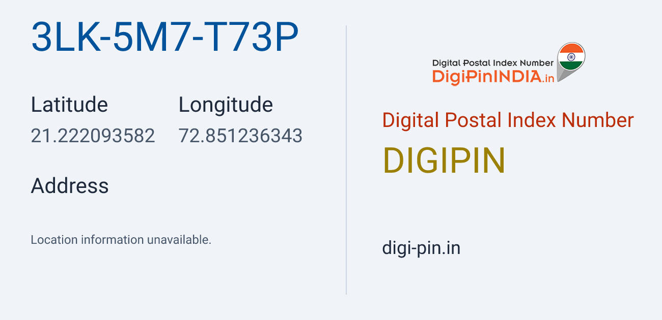 DigiPin 3LK-5M7-T73P location map showing coordinates 21.222094, 72.851236