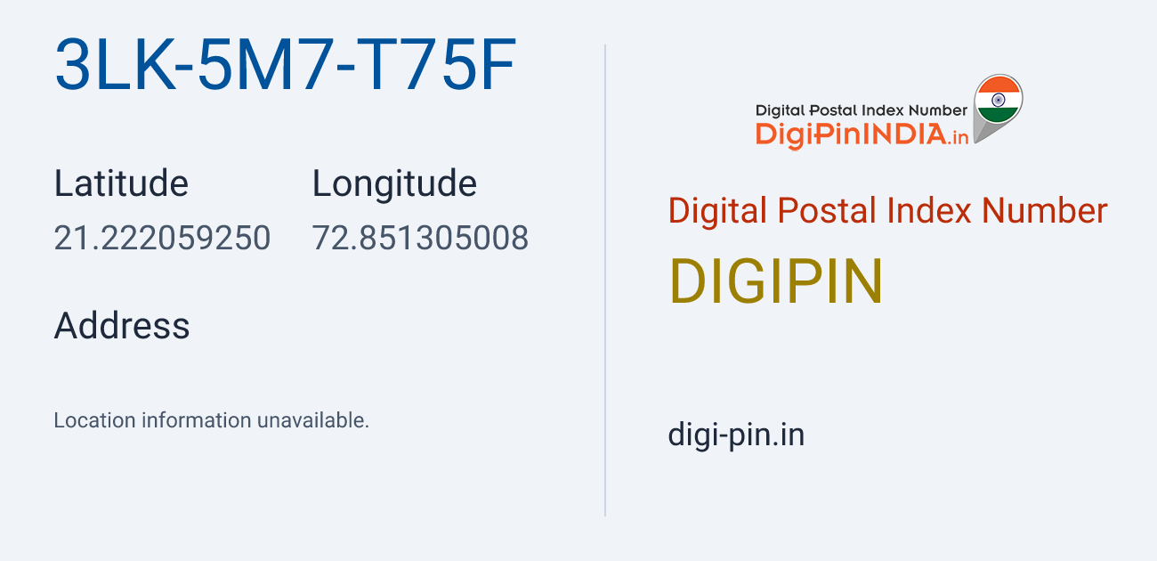 DigiPin 3LK-5M7-T75F location map showing coordinates 21.222059, 72.851305