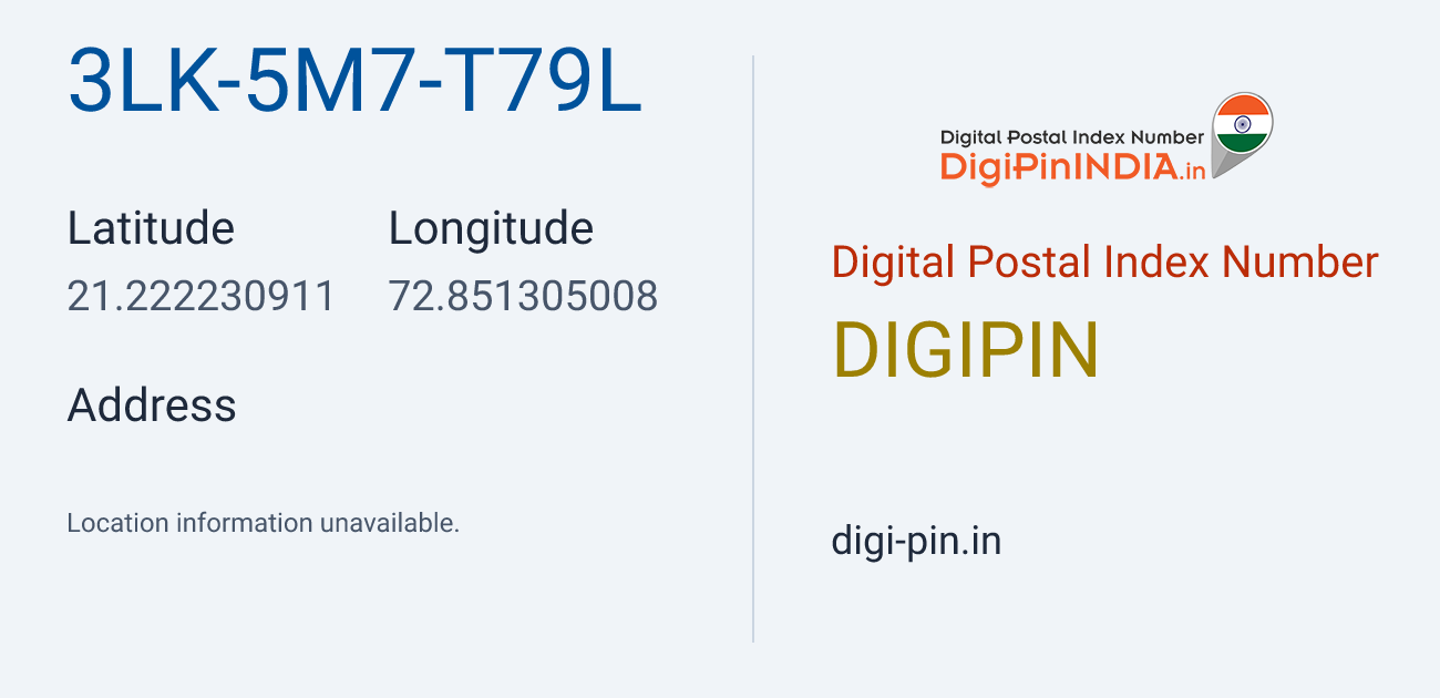 DigiPin 3LK-5M7-T79L location map showing coordinates 21.222231, 72.851305