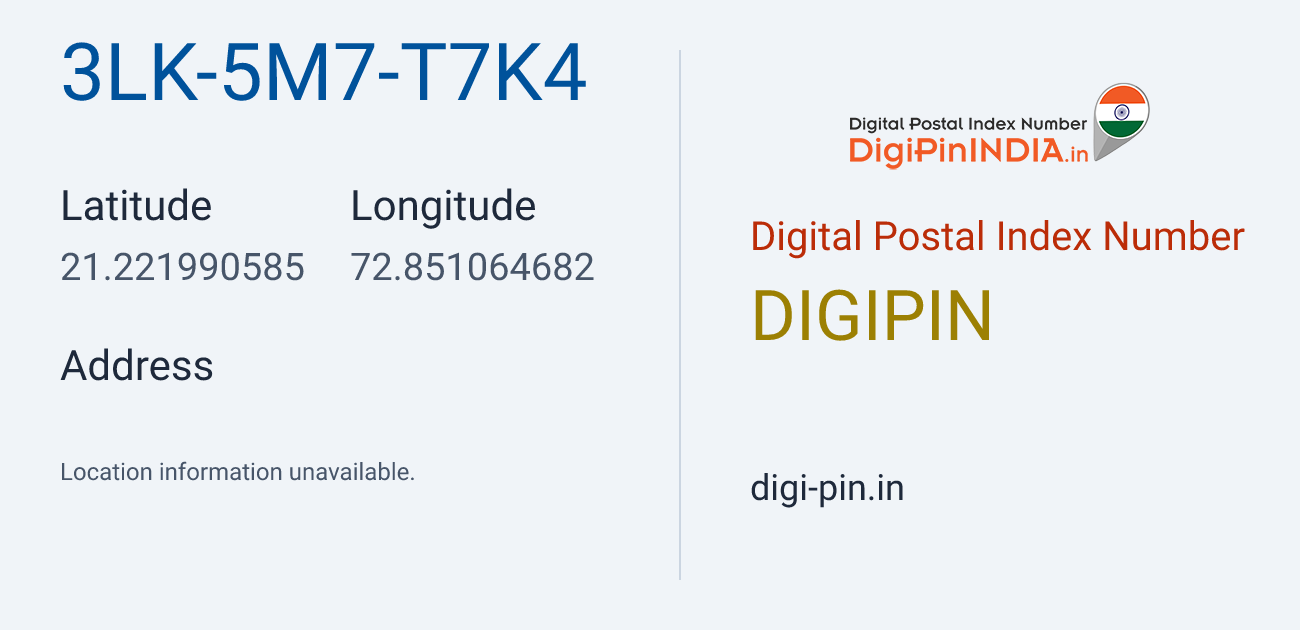 DigiPin 3LK-5M7-T7K4 location map showing coordinates 21.221991, 72.851065