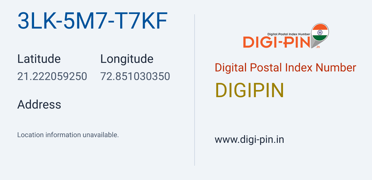 DigiPin 3LK-5M7-T7KF location map showing coordinates 21.222059, 72.851030