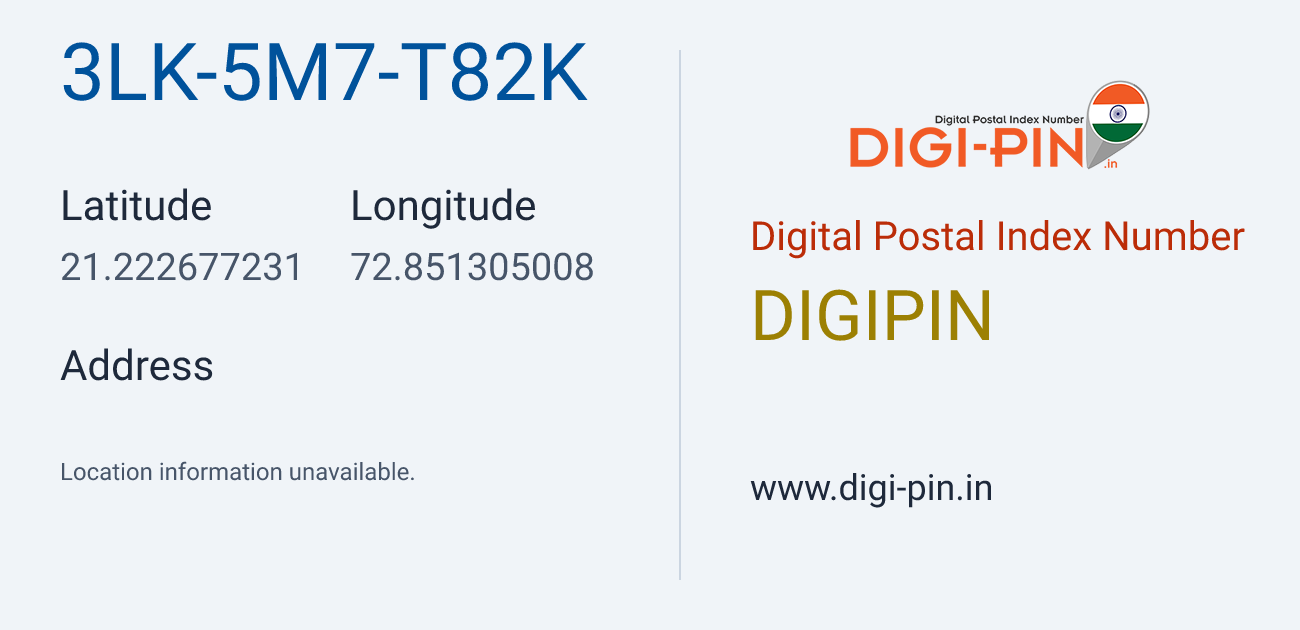 DigiPin 3LK-5M7-T82K location map showing coordinates 21.222677, 72.851305