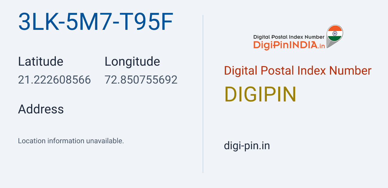 DigiPin 3LK-5M7-T95F location map showing coordinates 21.222609, 72.850756