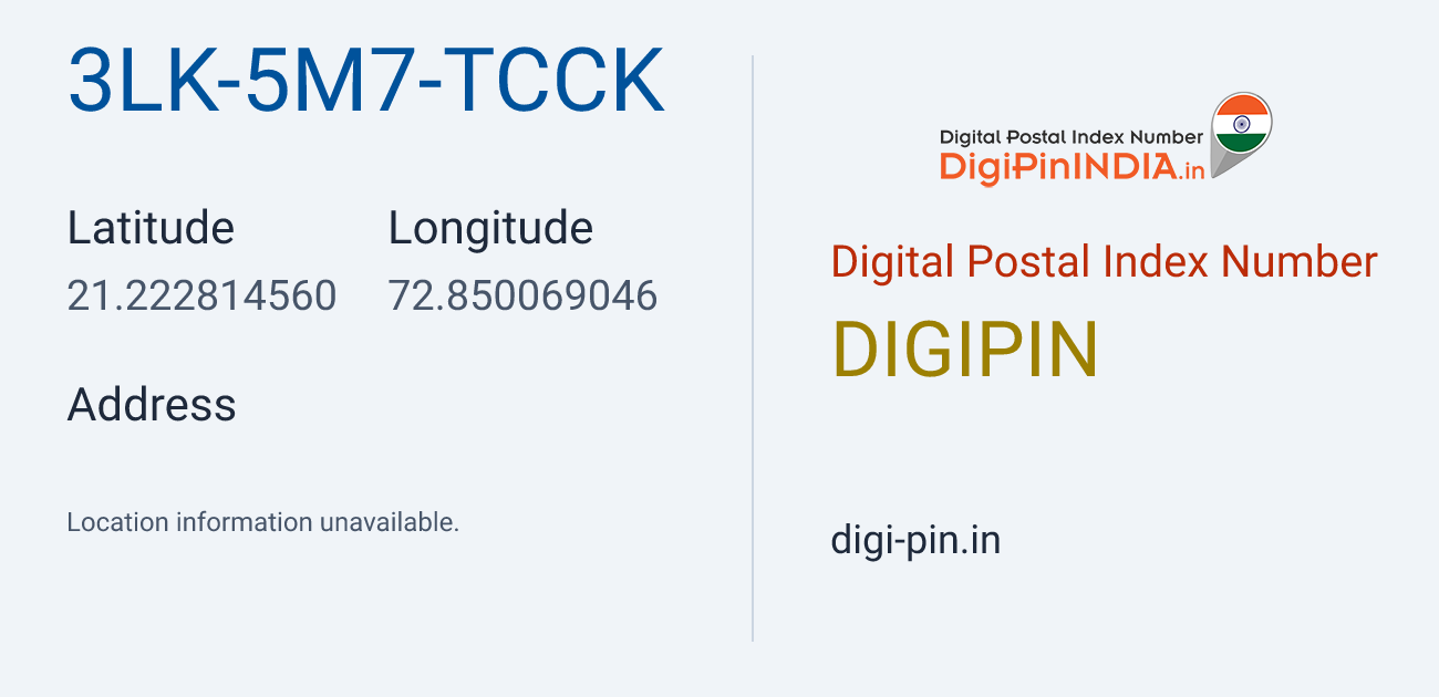 DigiPin 3LK-5M7-TCCK location map showing coordinates 21.222815, 72.850069