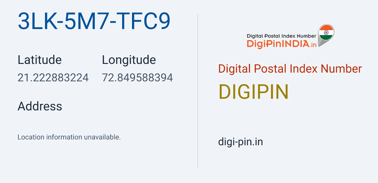DigiPin 3LK-5M7-TFC9 location map showing coordinates 21.222883, 72.849588
