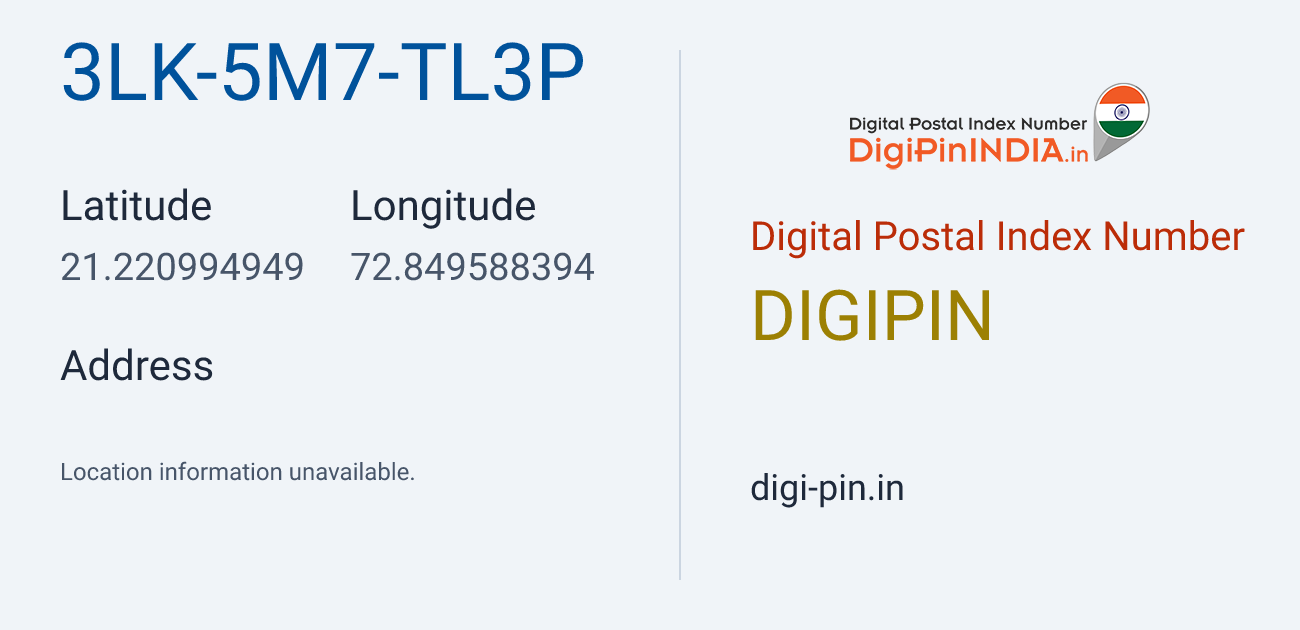 DigiPin 3LK-5M7-TL3P location map showing coordinates 21.220995, 72.849588