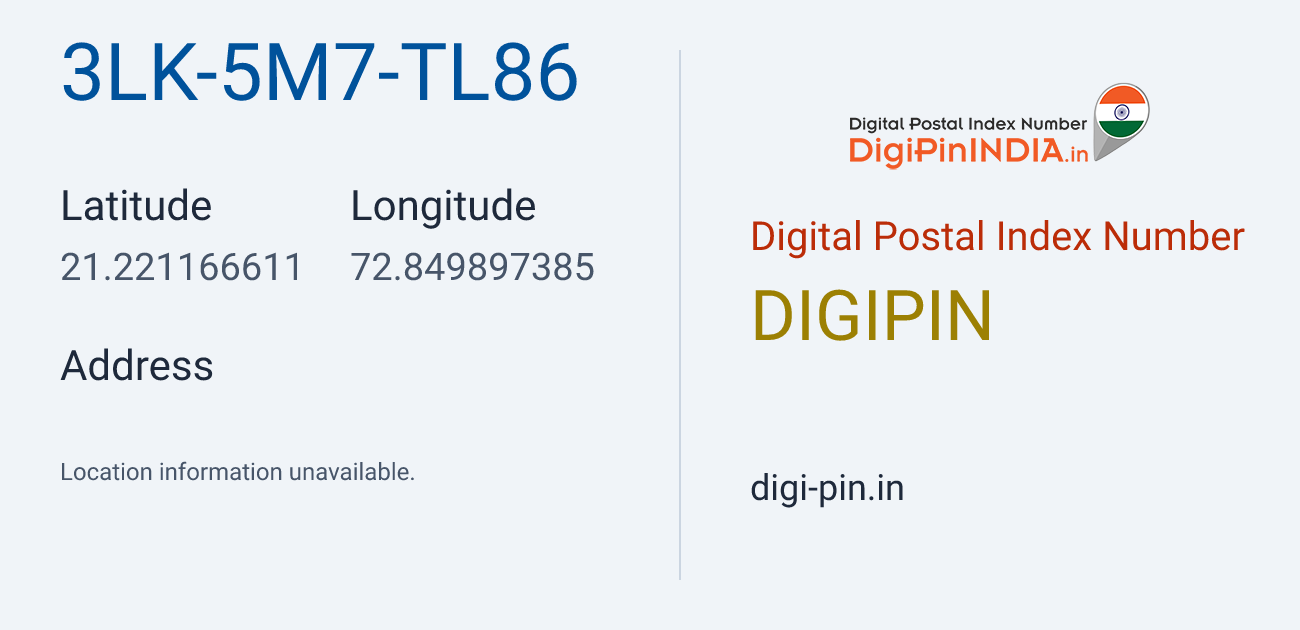 DigiPin 3LK-5M7-TL86 location map showing coordinates 21.221167, 72.849897