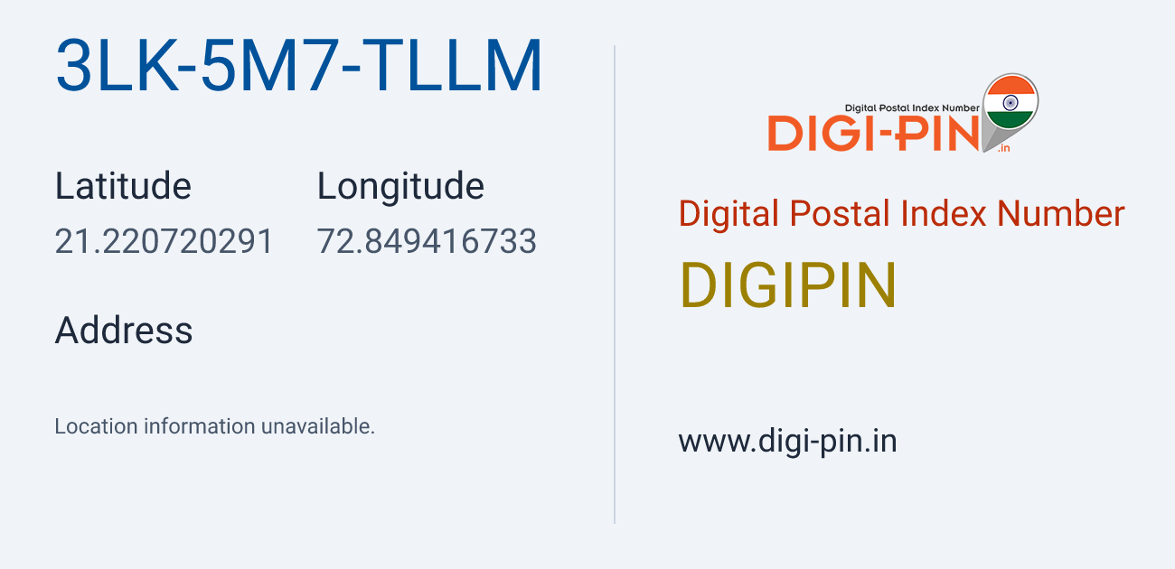 DigiPin 3LK-5M7-TLLM location map showing coordinates 21.220720, 72.849417