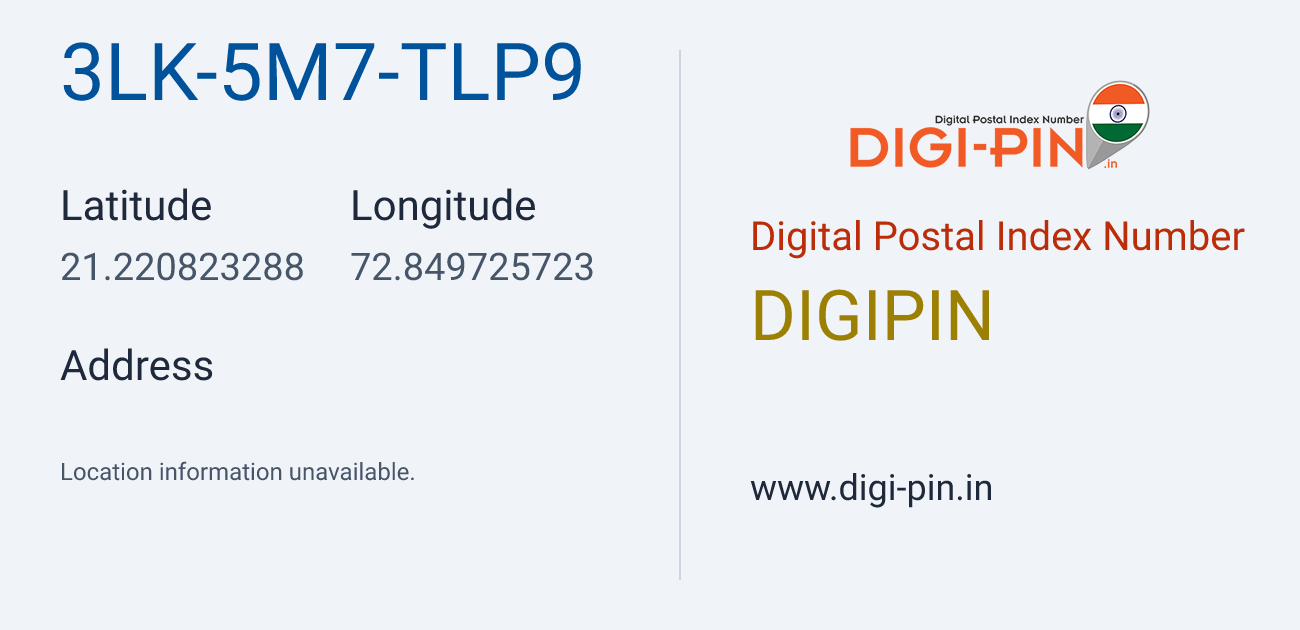DigiPin 3LK-5M7-TLP9 location map showing coordinates 21.220823, 72.849726