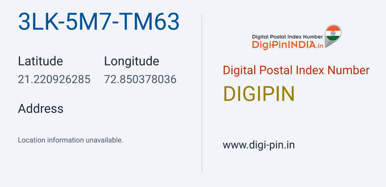DigiPin 3LK-5M7-TM63 location map showing coordinates 21.220926, 72.850378