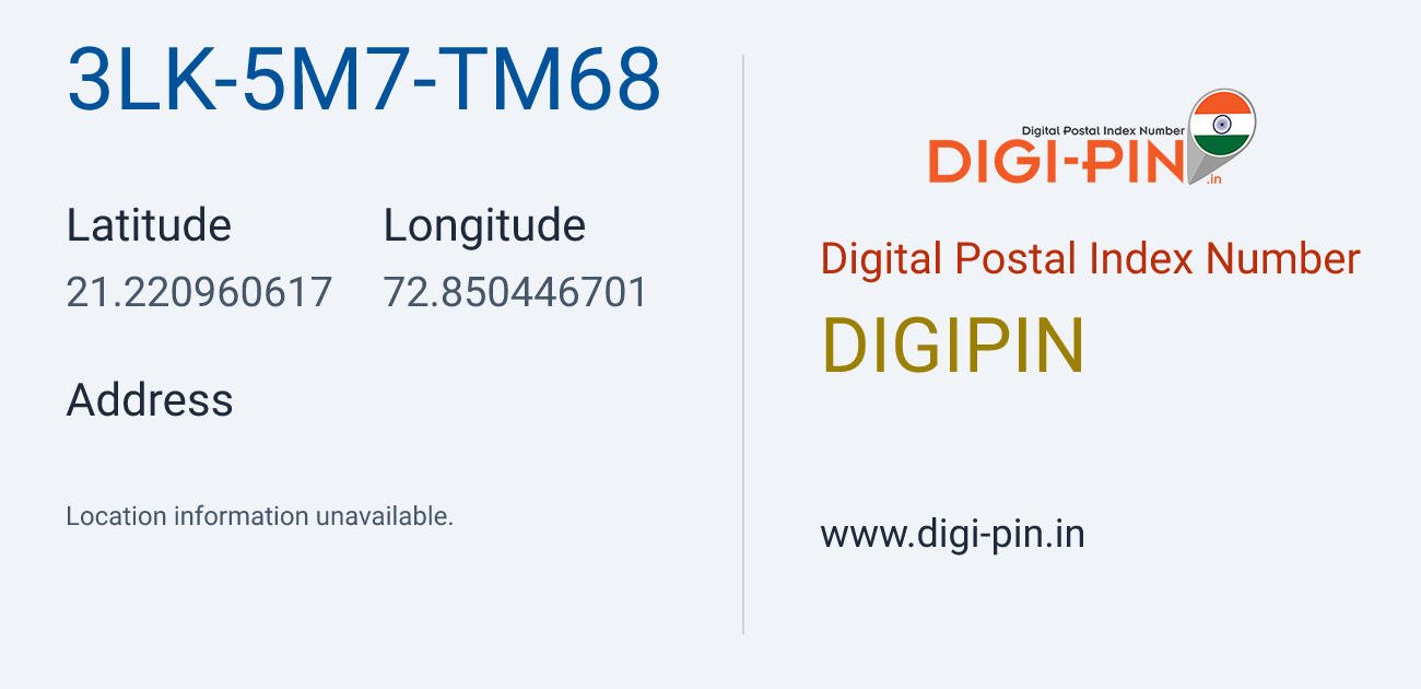 DigiPin 3LK-5M7-TM68 location map showing coordinates 21.220961, 72.850447