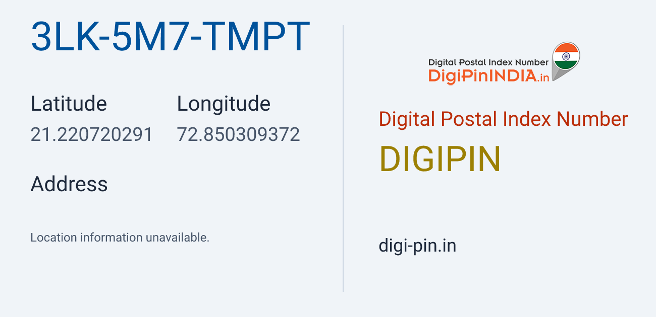 DigiPin 3LK-5M7-TMPT location map showing coordinates 21.220720, 72.850309