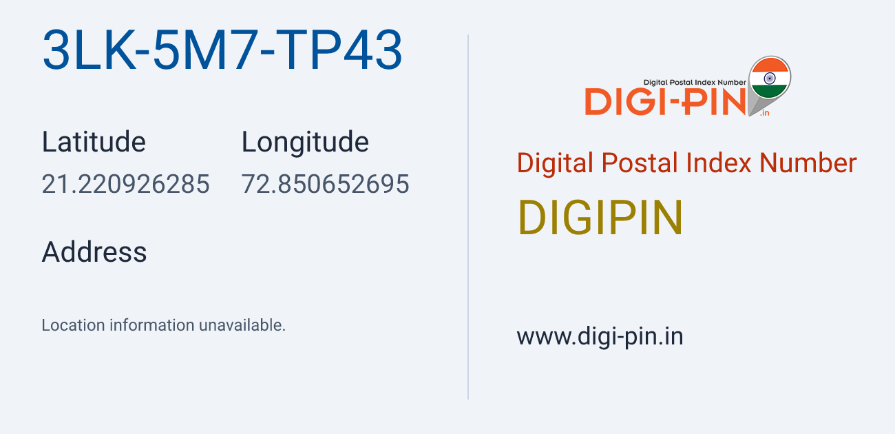 DigiPin 3LK-5M7-TP43 location map showing coordinates 21.220926, 72.850653