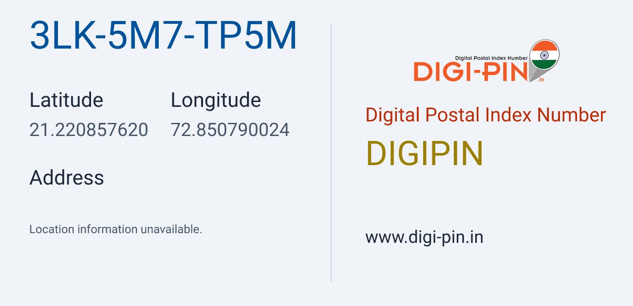 DigiPin 3LK-5M7-TP5M location map showing coordinates 21.220858, 72.850790