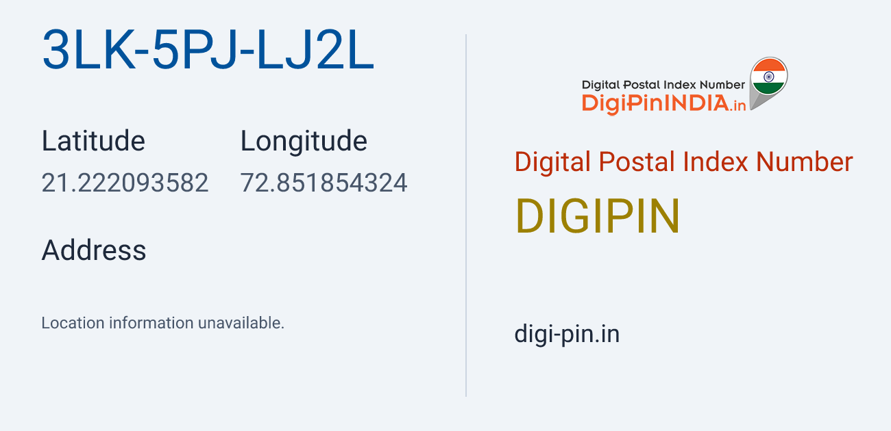 DigiPin 3LK-5PJ-LJ2L location map showing coordinates 21.222094, 72.851854