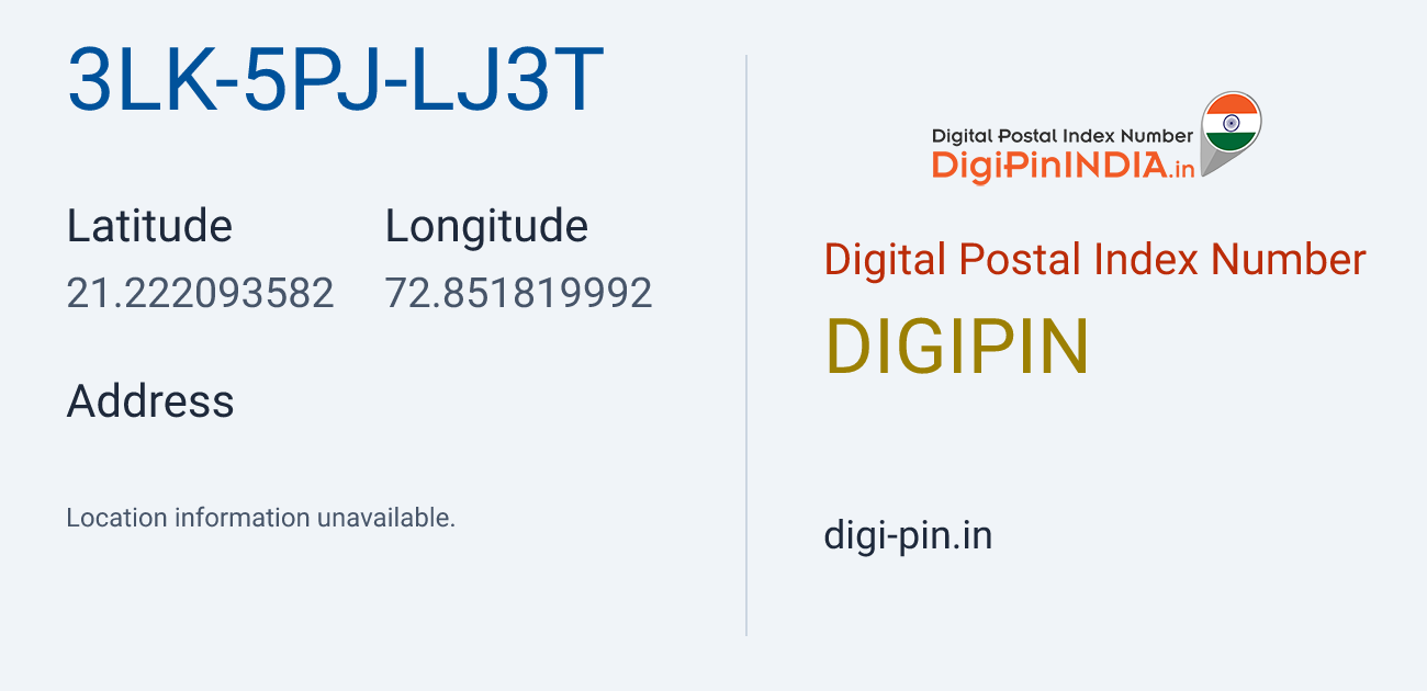 DigiPin 3LK-5PJ-LJ3T location map showing coordinates 21.222094, 72.851820