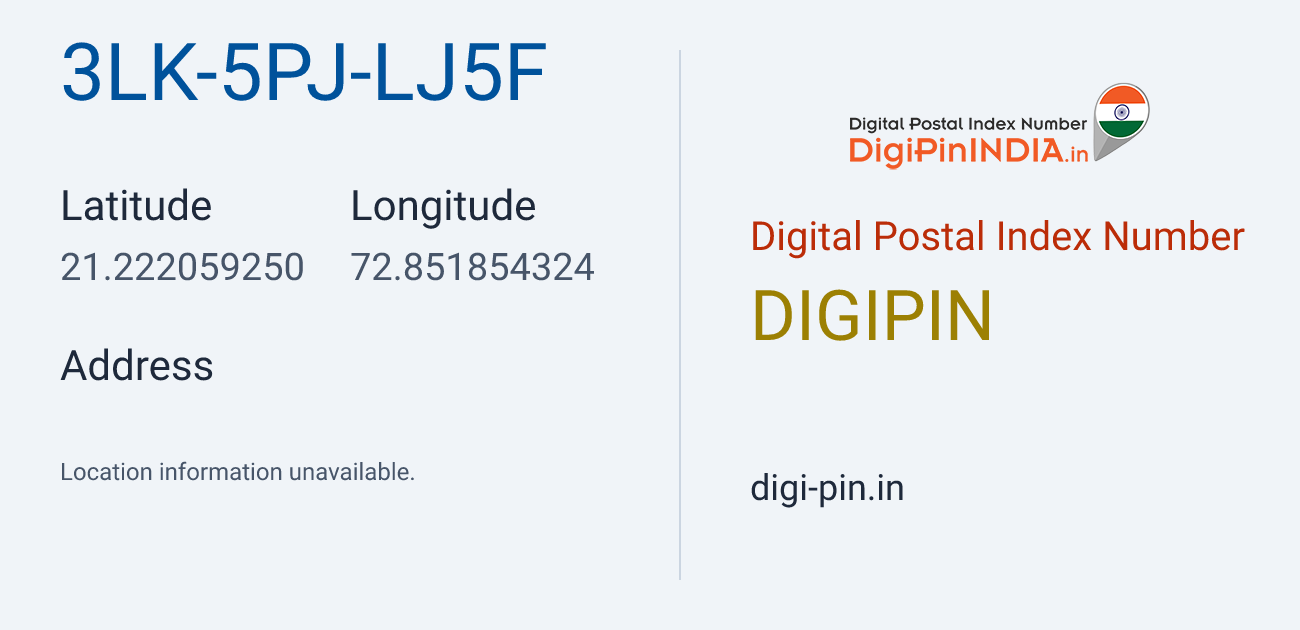 DigiPin 3LK-5PJ-LJ5F location map showing coordinates 21.222059, 72.851854